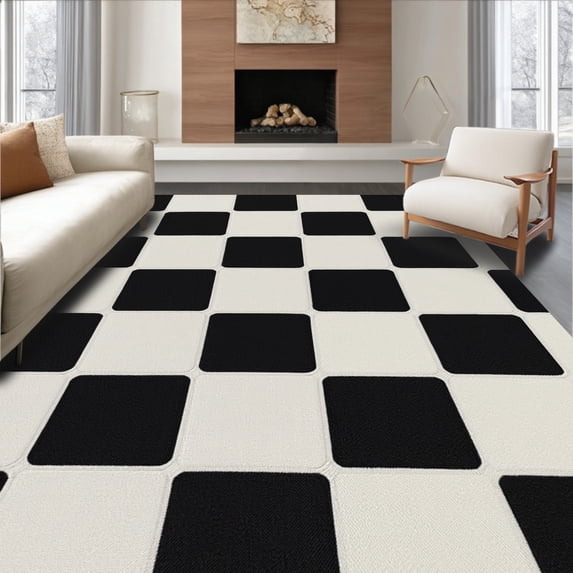 ODIKA 8' x 10' Machine Washable Non-Slip Area Rug, Geometric Checkerboard High Traffic Rug, Black, 288192