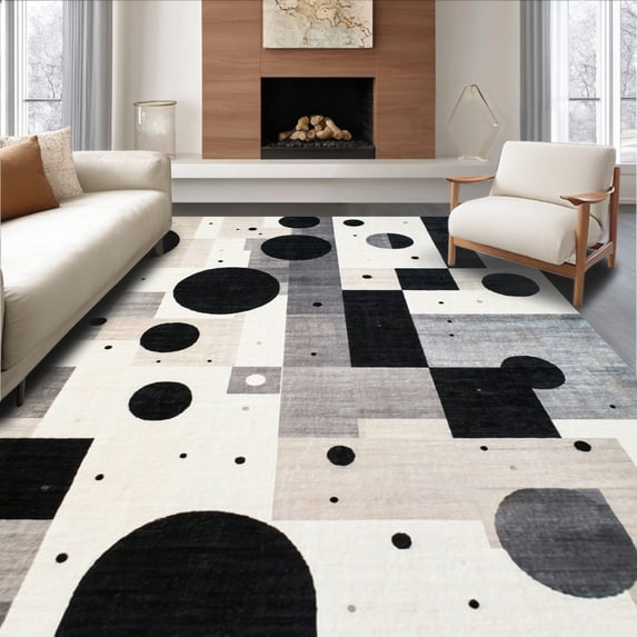 ODIKA 8'x10' Machine Washable Non-Slip Area Rug, Modern Black and Spotted with Bold Geometric Design High Traffic Rug, Gray, 116951