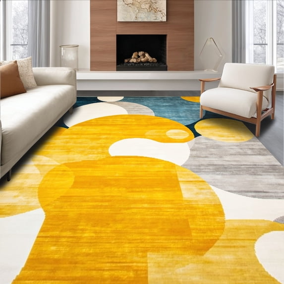 ODIKA 8'x10' Machine Washable Non-Slip Area Rug, Abstract Circles Modern High Traffic Rug, Yellow, 122647
