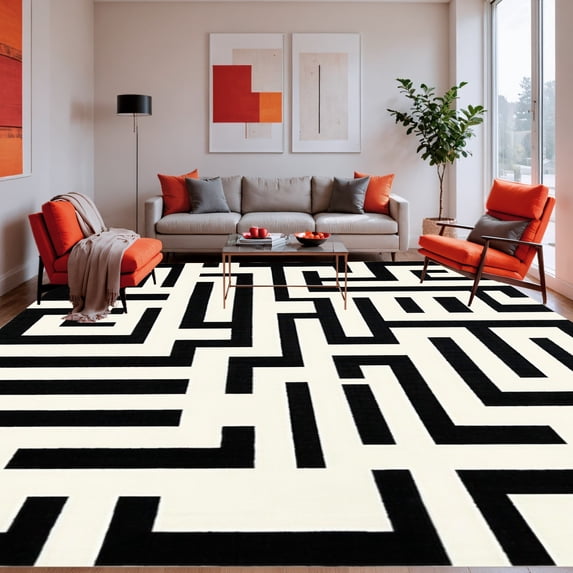 ODIKA 8'x10' Machine Washable Non-Slip Area Rug, Abstract Maze Featuring Interwoven Black Stripes High Traffic Rug, Black, 232704