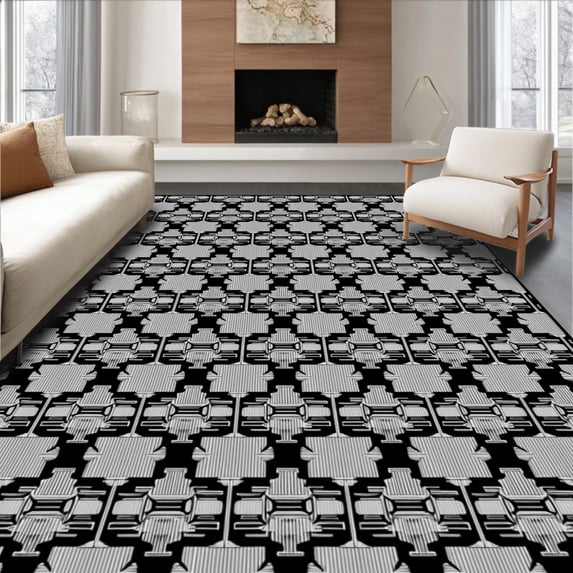 ODIKA 8' x 10' Machine Washable Non-Slip Area Rug, Geometric Lattice High Traffic Rug, Black, 427393