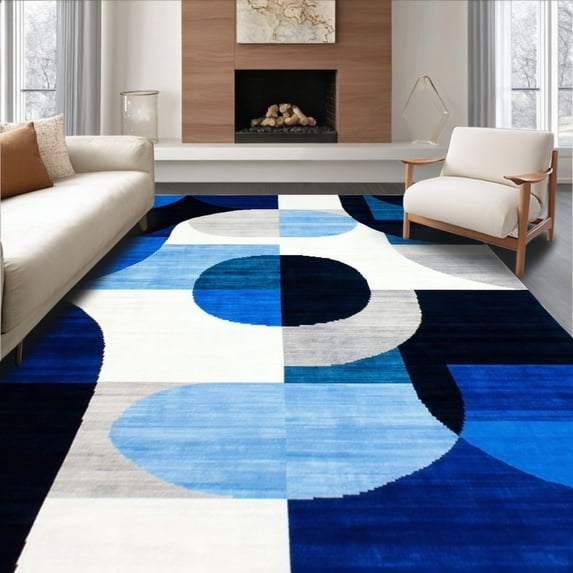 ODIKA 8'x10' Machine Washable Non-Slip Area Rug, Sophisticated Abstract Circle with Navy and Overlays High Traffic Rug, Blue, 248728
