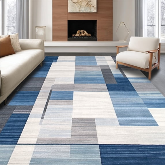 ODIKA 8'x10' Machine Washable Non-Slip Area Rug, Geometric Illusion Modern Abstract for Interior Design High Traffic Rug, Blue, 138386