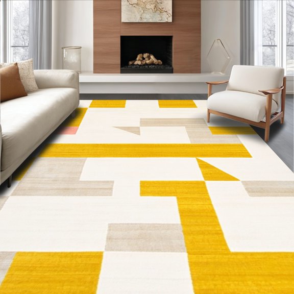 ODIKA 8'x10' Machine Washable Non-Slip Area Rug, Modern Geometric Design with Intersecting Cream and Yellow Shapes High Traffic Rug, Yellow, 127792