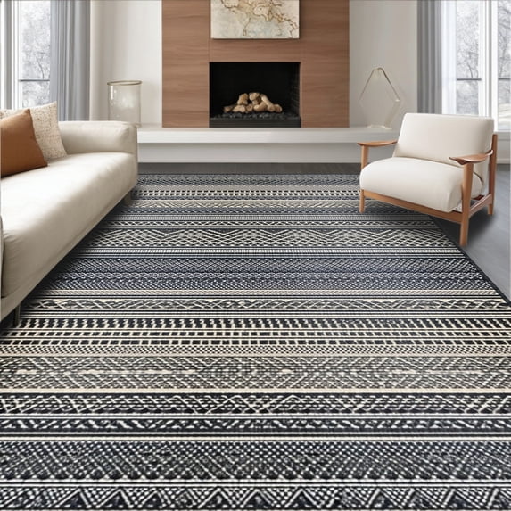 ODIKA 8'x10' Machine Washable Non-Slip Area Rug, Modernist Black and Motif High Traffic Rug, Black, 23603