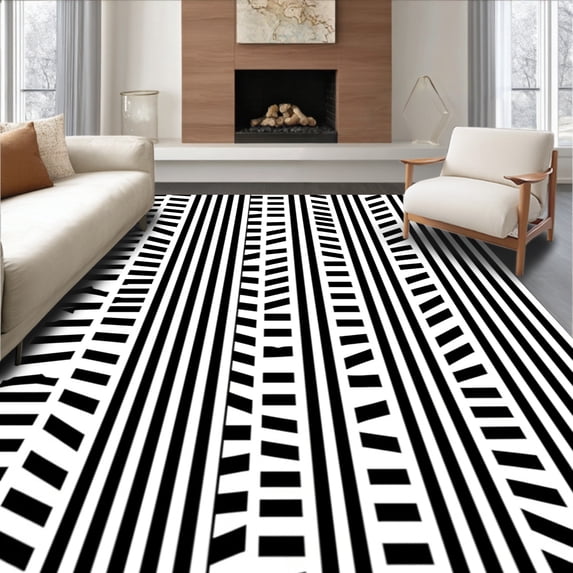 ODIKA 8' x 10' Machine Washable Non-Slip Area Rug, Geometric Stripe High Traffic Rug, Black, 370990