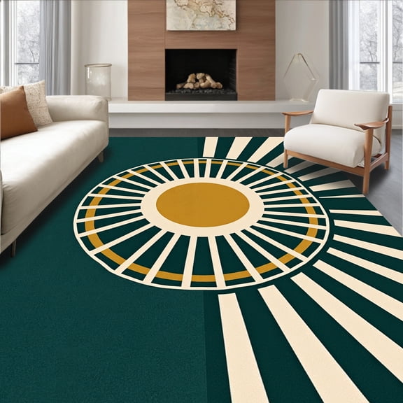 ODIKA 8'x10' Machine Washable Non-Slip Area Rug, Sunburst Arch Motif with Minimalist Detailing High Traffic Rug, Green, 397640
