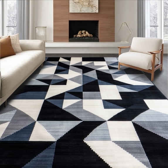 ODIKA 8'x10' Machine Washable Non-Slip Area Rug, Contemporary with Stylish Black and Grey Geometric Shapes High Traffic Rug, Gray, 104182