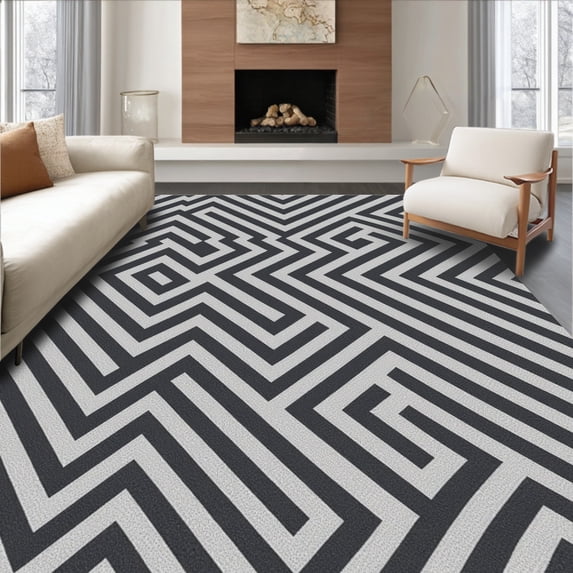 ODIKA 8' x 10' Machine Washable Non-Slip Area Rug, Geometric Zigzag High Traffic Rug, Black, 452949