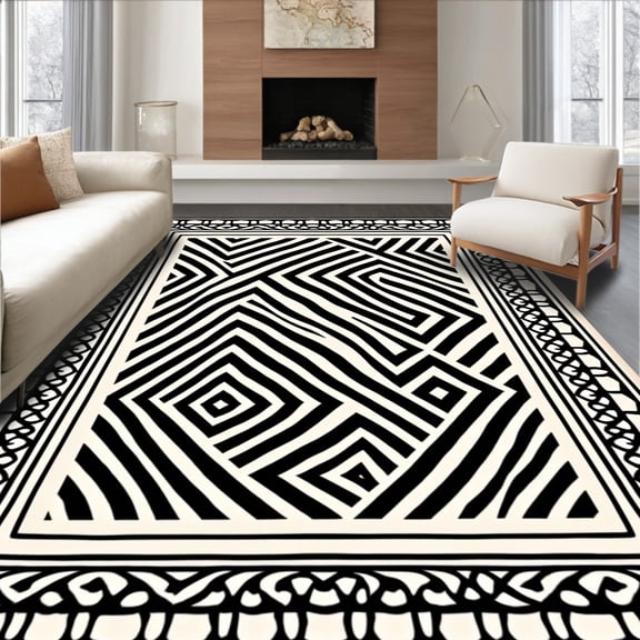 ODIKA 8' x 10' Machine Washable Non-Slip Area Rug, Geometric Zigzag High Traffic Rug, Black, 578944