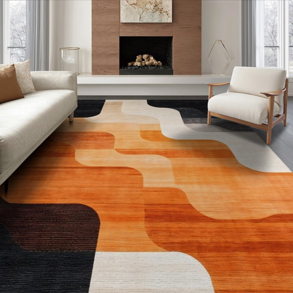 ODIKA 8'x10' Machine Washable Non-Slip Area Rug, Copper Black Burnt Orange Abstract Indoor Floor High Traffic Rug, Beige, 86277