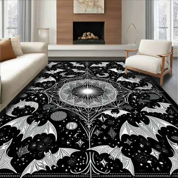 ODIKA 8'x10' Machine Washable Non-Slip Area Rug, Darkly Romantic Spooky Elegance High Traffic Rug, Black, 29670