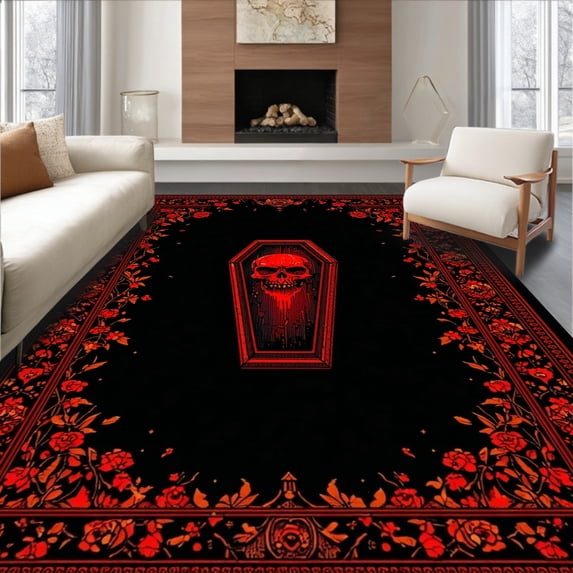 ODIKA 8'x10' Machine Washable Non-Slip Area Rug, Chilling Horror Inspired Design High Traffic Rug, Red, 26496