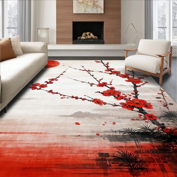 ODIKA 8' x 10' Machine Washable Non-Slip Area Rug, Japanese Sun High Traffic Rug, Red, 25671