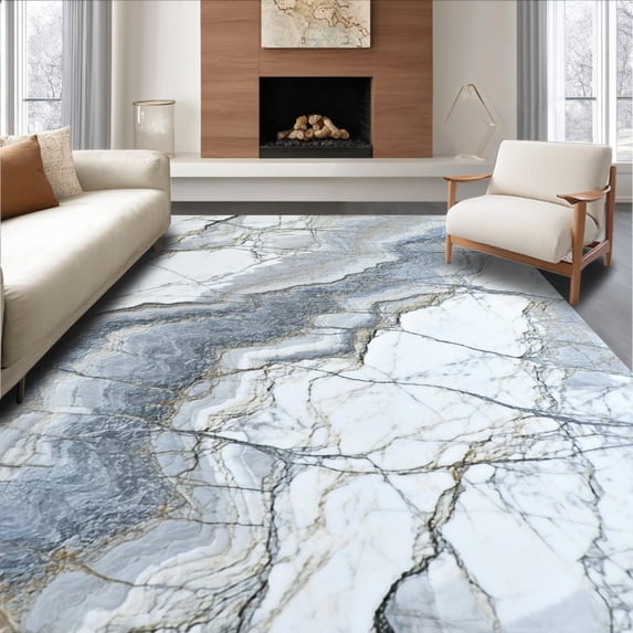 ODIKA 8'x10' Machine Washable Non-Slip Area Rug, Modern Marbled Vein for Contemporary Floor High Traffic Rug, White, 128911