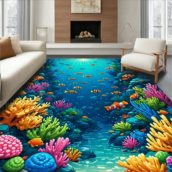 ODIKA 8'x10' Machine Washable Non-Slip Area Rug, Playful Ocean Theme Kindergarten High Traffic Rug, Blue, 2707