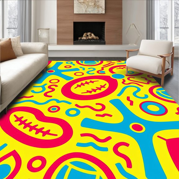 ODIKA 8' x 10' Machine Washable Non-Slip Area Rug, Memphis squiggle High Traffic Rug, Yellow, 677736