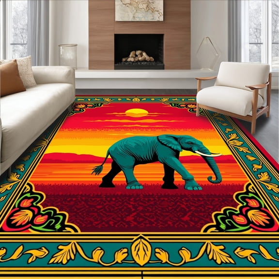 ODIKA 8' x 10' Machine Washable Non-Slip Area Rug, Middle Eastern Elephant High Traffic Rug, Red, 292163