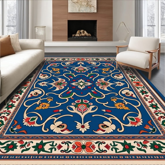 ODIKA 8' x 10' Machine Washable Non-Slip Area Rug, Middle Eastern Flower High Traffic Rug, Blue, 407702