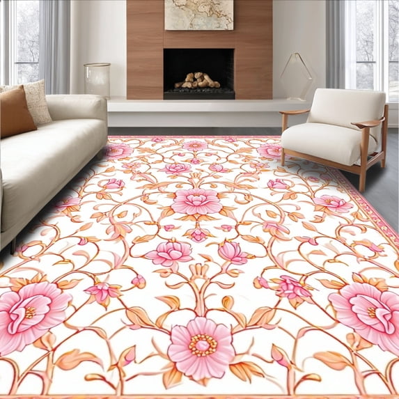 ODIKA 8' x 10' Machine Washable Non-Slip Area Rug, Middle Eastern Flower High Traffic Rug, Pink, 182839