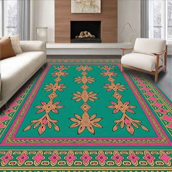 ODIKA 8' x 10' Machine Washable Non-Slip Area Rug, Middle Eastern Flower High Traffic Rug, Teal, 381595
