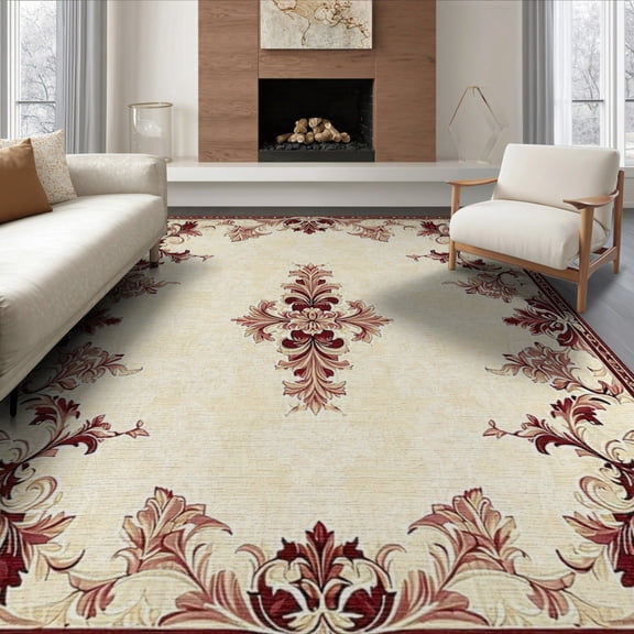 ODIKA 8'x10' Machine Washable Non-Slip Area Rug, Elegant Damask Scrollwork Featuring Intricate Symmetrical Flourishes High Traffic Rug, Beige, 253367