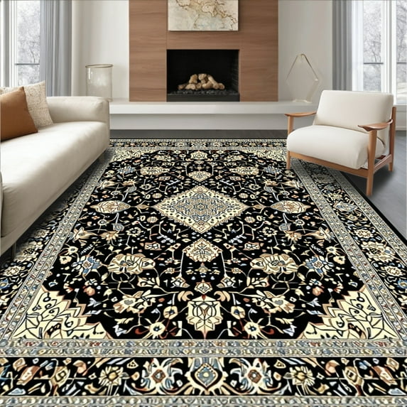 ODIKA 8' x 10' Machine Washable Non-Slip Area Rug, Middle Eastern Medallion High Traffic Rug, Black, 9193