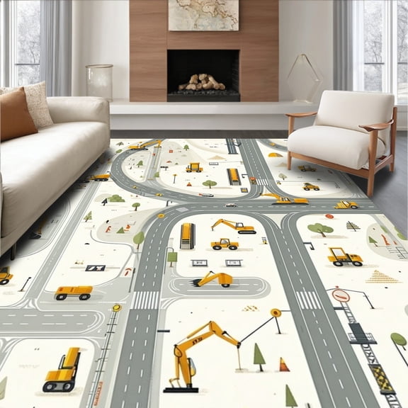 ODIKA 8'x10' Machine Washable Non-Slip Area Rug, Machine with Cream Gray Road Map and Construction Vehicle Art High Traffic Rug, Beige, 85590