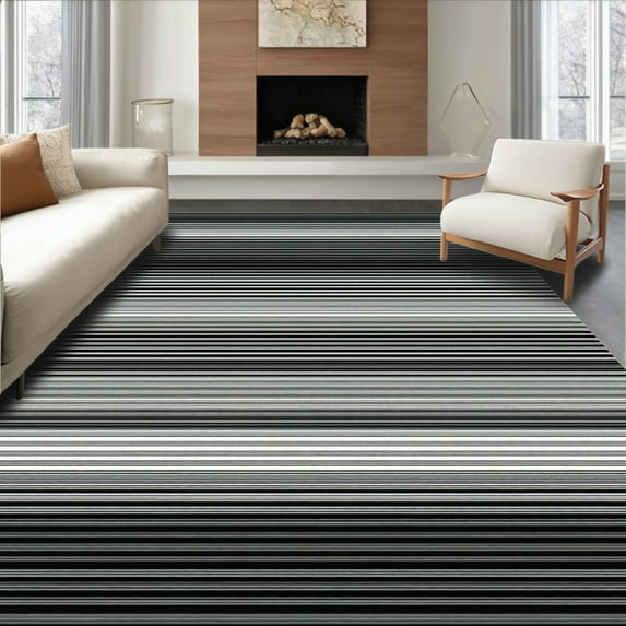 ODIKA 8'x10' Machine Washable Non-Slip Area Rug, Sleek Modernist Monochrome Waves High Traffic Rug, Black, 37064