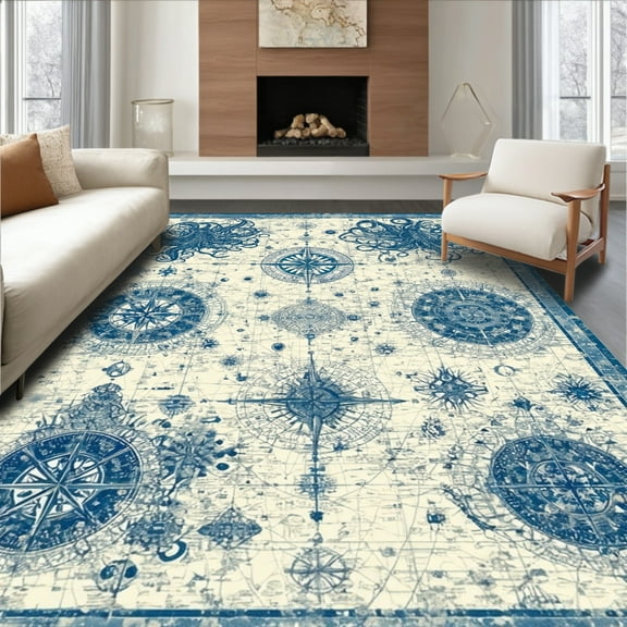 ODIKA 8'x10' Machine Washable Non-Slip Area Rug, Vintage Nautical Map With Compass Rose Anchor Design Sea Creature High Traffic Rug, Blue Beige, 38769