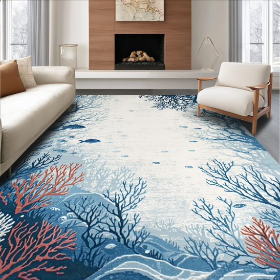 ODIKA 8'x10' Machine Washable Non-Slip Area Rug, Nautical Waves and Coral Reef Accent Floor Covering High Traffic Rug, Blue, 133717