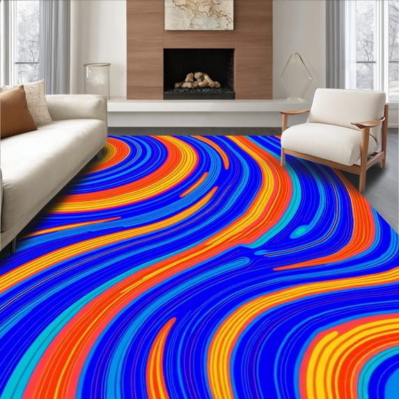 ODIKA 8'x10' Machine Washable Non-Slip Area Rug, Prismatic Arc with Vibrant Color Band Design High Traffic Rug, Blue, 398161