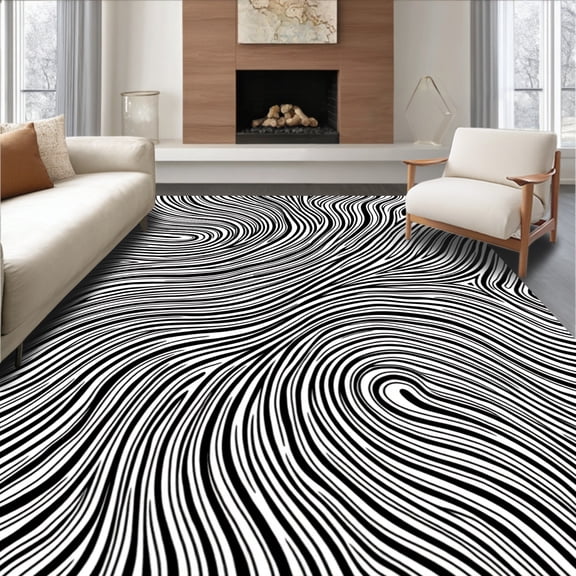 ODIKA 8' x 10' Machine Washable Non-Slip Area Rug, Op Art Wave High Traffic Rug, Black, 371917