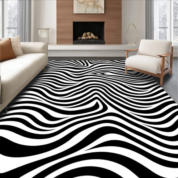 ODIKA 8' x 10' Machine Washable Non-Slip Area Rug, Op Art Wave High Traffic Rug, Black, 443517
