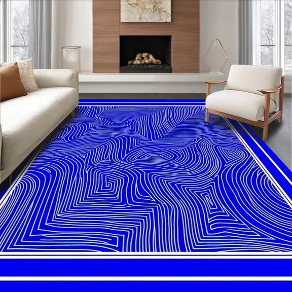 ODIKA 8'x10' Machine Washable Non-Slip Area Rug, Stylized Wave Motif with Framed Detailing High Traffic Rug, Blue, 366494