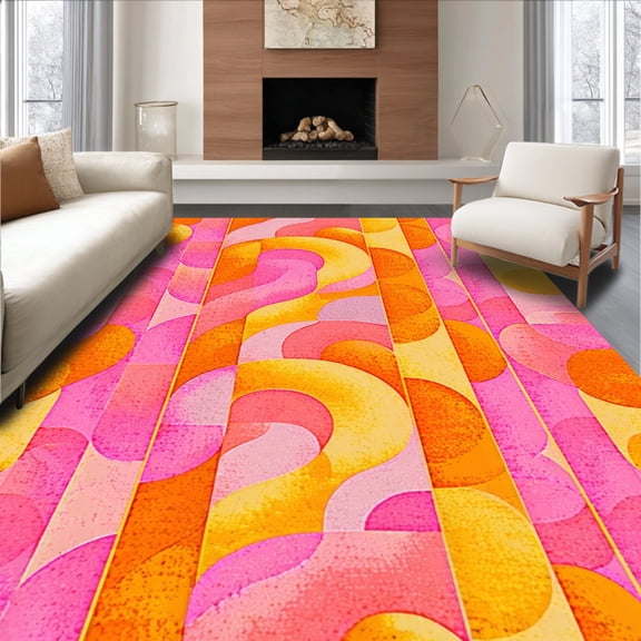 ODIKA 8'x10' Machine Washable Non-Slip Area Rug, Groovy Swirls Retro Funky Design High Traffic Rug, Peach, 144863