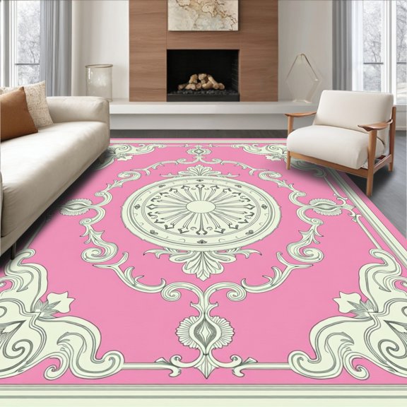ODIKA 8' x 10' Machine Washable Non-Slip Area Rug, Rococo scroll High Traffic Rug, Pink, 658486