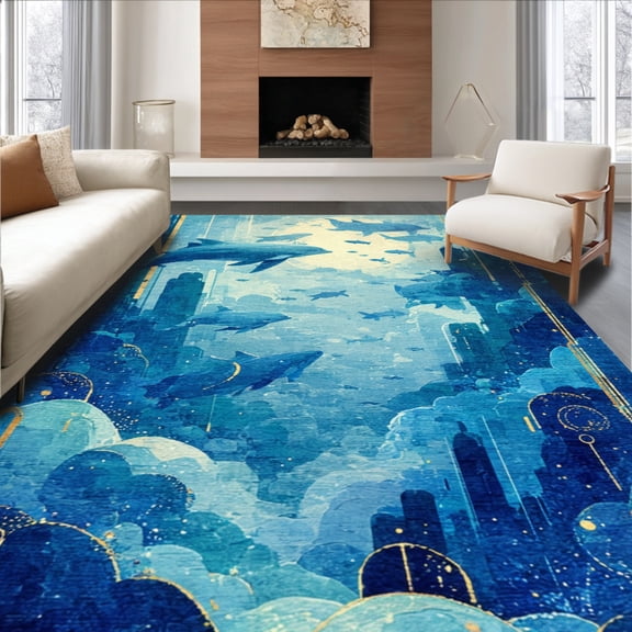 ODIKA 8'x10' Machine Washable Non-Slip Area Rug, Intricate Optical Illusion Featuring Dolphins and Fish Design High Traffic Rug, Blue, 119683