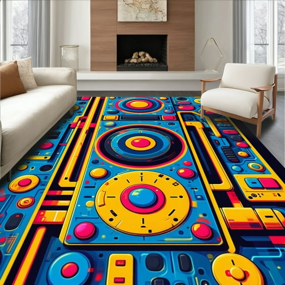 ODIKA 8'x10' Machine Washable Non-Slip Area Rug, Abstract Game Console High Traffic Rug, Blue, 85053