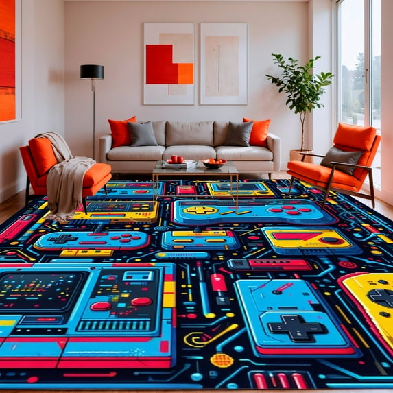 ODIKA 8' x 10' Machine Washable Non-Slip Area Rug, Synthwave Controller High Traffic Rug, Blue, 141611