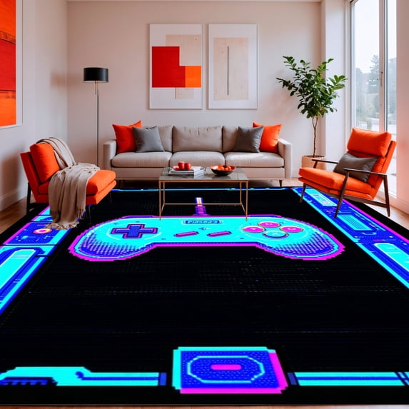 ODIKA 8' x 10' Machine Washable Non-Slip Area Rug, Synthwave Gamepad High Traffic Rug, Cyan, 133475
