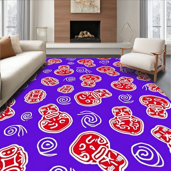 ODIKA 8' x 10' Machine Washable Non-Slip Area Rug, Tiki Face High Traffic Rug, Purple, 750454