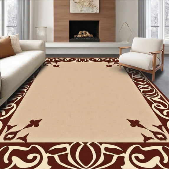 ODIKA 8' x 10' Machine Washable Non-Slip Area Rug, Traditional Scroll High Traffic Rug, Beige, 307223