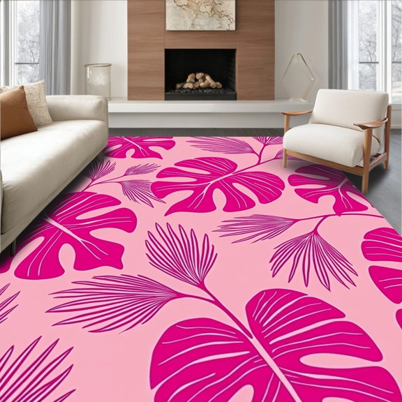 ODIKA 8'x10' Machine Washable Non-Slip Area Rug, Tropical Jungle Leaf Vibrant Fade Resistant High Traffic Rug, Pink, 489362