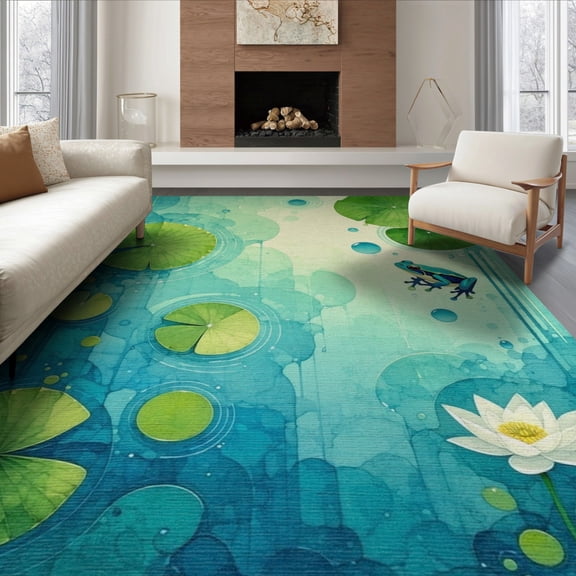 ODIKA 8'x10' Machine Washable Non-Slip Area Rug, Whimsical Frog Pond with Playful Lily and Water Ripple Design High Traffic Rug, Blue, 92844