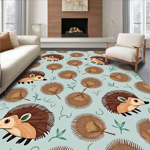 ODIKA 8' x 10' Machine Washable Non-Slip Area Rug, Whimsical Hedgehog High Traffic Rug, Brown, 619626