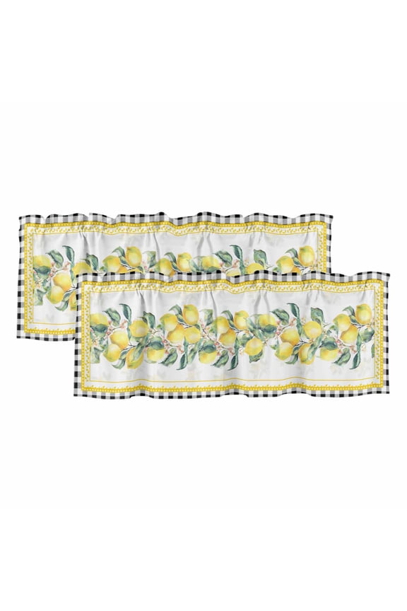 2 Pack Valances for Windows 60 x 18 Inch, Yellow Lemon Decorative Kitchen Curtain Valance, Summer Botanical Black White Plaid Pastoral Rod Pocket Short Curtains Window Treatment for Bathroom/Cafe