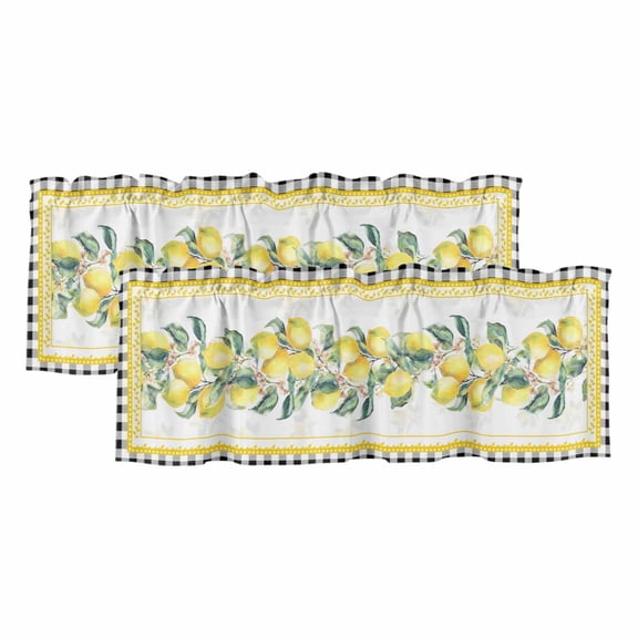 2 Pack Valances for Windows 60 x 18 Inch, Yellow Lemon Decorative Kitchen Curtain Valance, Summer Botanical Black White Plaid Pastoral Rod Pocket Short Curtains Window Treatment for Bathroom/Cafe