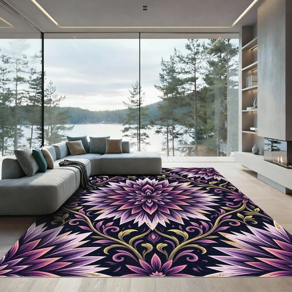 ODIKA 8' x 10' Machine Washable Non-Slip Area Rug, art nouveau floral High Traffic Rug, Purple, 1006292