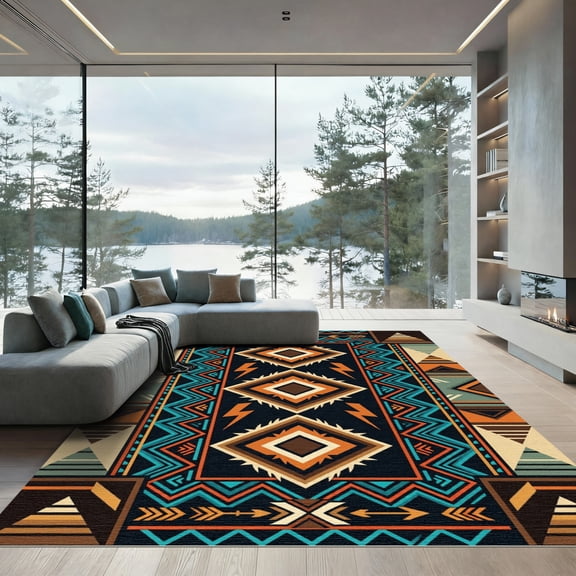 ODIKA 8' x 10' Machine Washable Non-Slip Area Rug, aztec geometric High Traffic Rug, Blue, 1017628